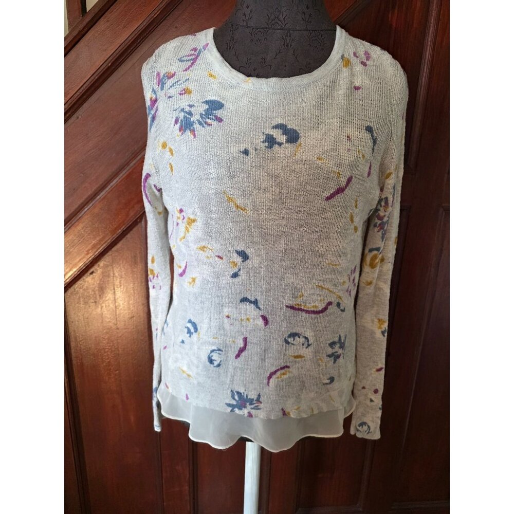 Lucky Brand Floral Print Sweater With Sheer Hemline Split Back Size S